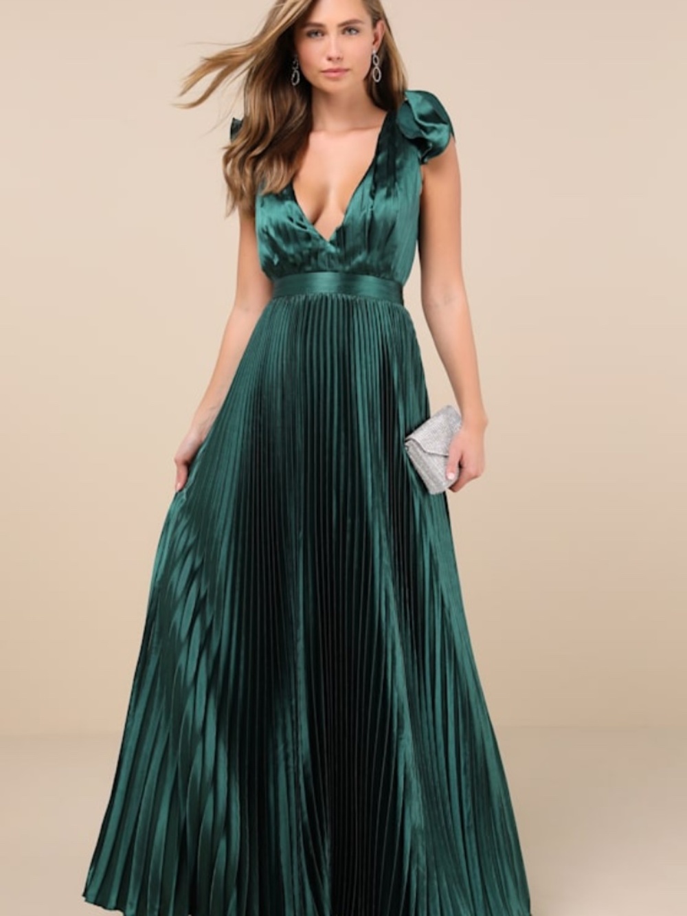 Lulu's Emerald Green Pleated Satin Maxi Dress